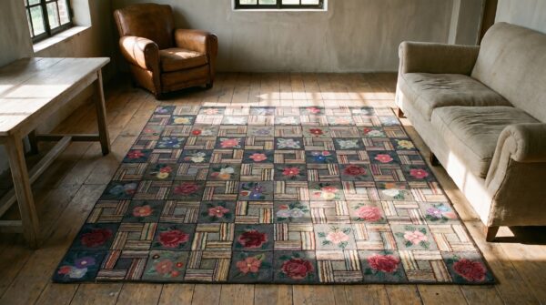 Gray antique small square american floral basket weave folk art hooked rug 13 Gray antique small square american floral basket weave folk art hooked rug (sku 18365) - room view