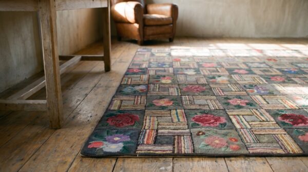 Gray antique small square american floral basket weave folk art hooked rug 14 Gray antique small square american floral basket weave folk art hooked rug (sku 18365) - in-room detail