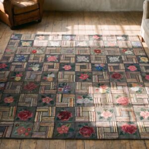 Gray Antique Small Square American Floral Basket Weave Folk Art Hooked Rug (SKU 18365) - styled overhead view