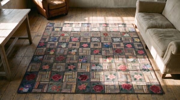 Gray antique small square american floral basket weave folk art hooked rug 2 Gray antique small square american floral basket weave folk art hooked rug (sku 18365) - styled overhead view