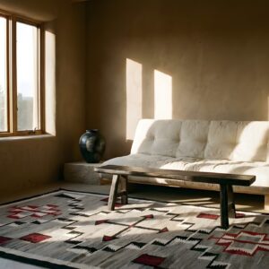 Gray Tribal Arrow Pattern Antique Navajo Flatwoven Native American Kilim Rug (SKU 23971) - in-room detail