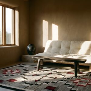 Gray Tribal Arrow Pattern Antique Navajo Flatwoven Native American Kilim Rug (SKU 23971) - styled overhead view