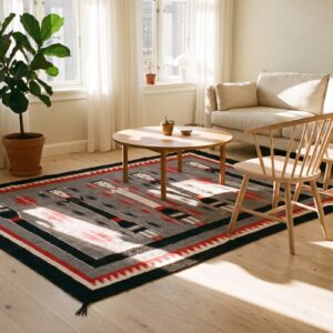 Gray Tribal Geometric Flatweave Antique Square Navajo Yei Rug (SKU 21810) - room view