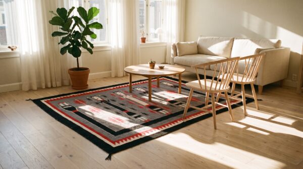 Gray tribal geometric flatweave antique square navajo yei rug 12 Gray tribal geometric flatweave antique square navajo yei rug (sku 21810) - room view