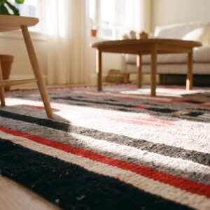 Gray Tribal Geometric Flatweave Antique Square Navajo Yei Rug (SKU 21810) - in-room detail