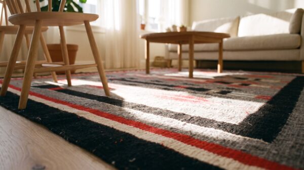 Gray tribal geometric flatweave antique square navajo yei rug 13 Gray tribal geometric flatweave antique square navajo yei rug (sku 21810) - in-room detail
