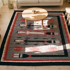 Gray Tribal Geometric Flatweave Antique Square Navajo Yei Rug (SKU 21810) - styled overhead view