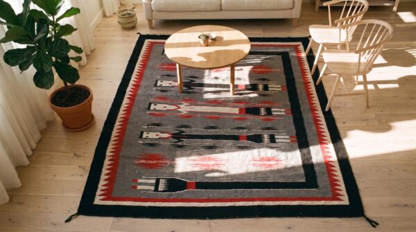 Gray tribal geometric flatweave antique square navajo yei rug 2 Gray tribal geometric flatweave antique square navajo yei rug (sku 21810) - styled overhead view