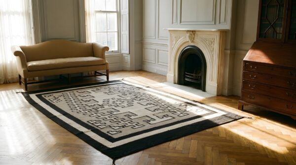 Gray antique tribal geometric native american flatweave navajo scatter rug (sku 24368) - room view