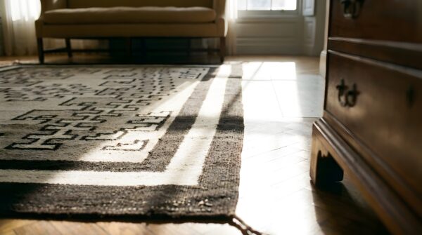 Gray antique tribal geometric native american flatweave navajo scatter rug (sku 24368) - in-room detail
