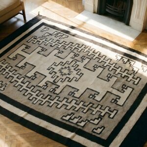 Gray Antique Tribal Geometric Native American Flatweave Navajo Scatter Rug (SKU 24368) - styled overhead view