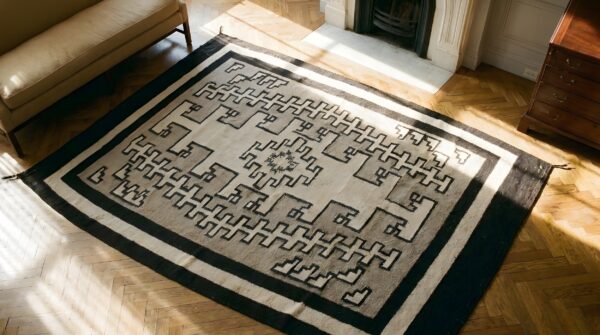 Gray antique tribal geometric native american flatweave navajo scatter rug (sku 24368) - styled overhead view