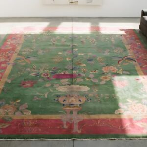 Green Background Room Size Antique Classic Chinese Deco Rug (SKU 23023) - styled overhead view