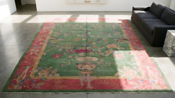 Green background room size antique classic chinese deco rug 2 Green background room size antique classic chinese deco rug (sku 23023) - styled overhead view