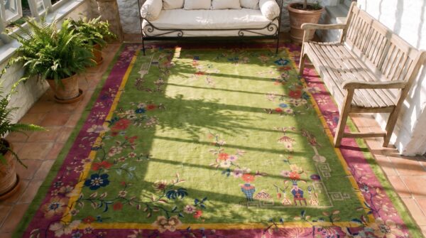 Antique green background room size deco chinese rug 2 Antique green background room size deco chinese rug (sku 25711) - styled overhead view
