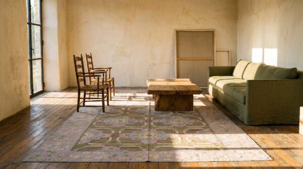 Green color artistic antique indian flatweave cotton dhurrie long and narrow gallery size rug 10 Green color artistic antique indian flatweave cotton dhurrie long and narrow gallery size rug (sku 17726) - room view