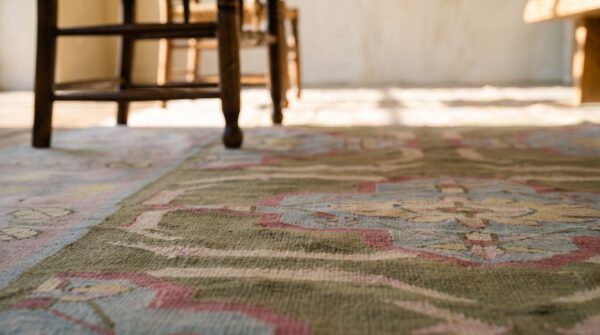 Green color artistic antique indian flatweave cotton dhurrie long and narrow gallery size rug 11 Green color artistic antique indian flatweave cotton dhurrie long and narrow gallery size rug (sku 17726) - in-room detail