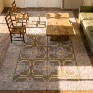 Green Color Artistic Antique Indian Flatweave Cotton Dhurrie Long and Narrow Gallery Size Rug (SKU 17726) - styled overhead view