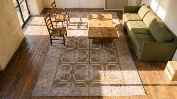 Green color artistic antique indian flatweave cotton dhurrie long and narrow gallery size rug 2 Green color artistic antique indian flatweave cotton dhurrie long and narrow gallery size rug (sku 17726) - styled overhead view