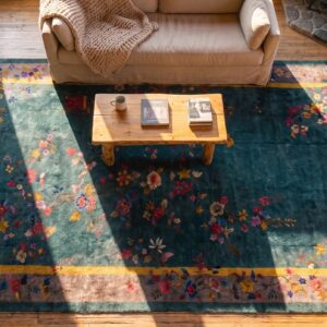 Green Color Antique Big Oversized Chinese Art Deco Carpet (SKU 25504) - styled overhead view