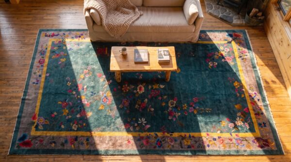 Green color antique big oversized chinese art deco carpet 2 Green color antique big oversized chinese art deco carpet (sku 25504) - styled overhead view