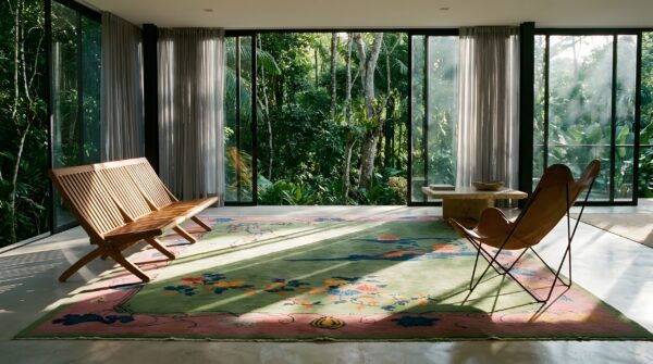 Antique wool pile green color hand knotted chinese art deco area rug 6 Antique wool pile green color hand knotted chinese art deco area rug (sku 23710) - room view