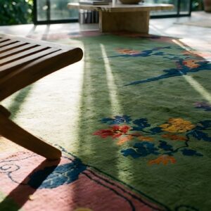 Antique Wool Pile Green Color Hand Knotted Chinese Art Deco Area Rug (SKU 23710) - in-room detail