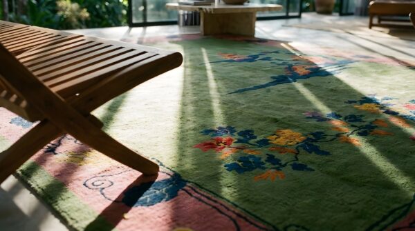 Antique wool pile green color hand knotted chinese art deco area rug 7 Antique wool pile green color hand knotted chinese art deco area rug (sku 23710) - in-room detail