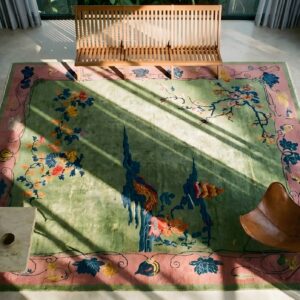 Antique Wool Pile Green Color Hand Knotted Chinese Art Deco Area Rug (SKU 23710) - styled overhead view