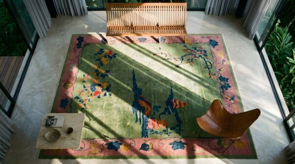 Antique wool pile green color hand knotted chinese art deco area rug 2 Antique wool pile green color hand knotted chinese art deco area rug (sku 23710) - styled overhead view