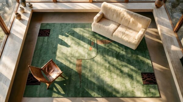 Green color antique classic art deco design chinese rug (sku 25189) - styled overhead view