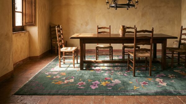 Antique green color floral room size chinese art deco wool rug 5 Antique green color floral room size chinese art deco wool rug (sku 22619) - room view