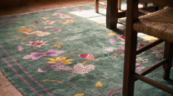Antique green color floral room size chinese art deco wool rug 6 Antique green color floral room size chinese art deco wool rug (sku 22619) - in-room detail