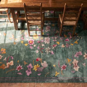 Antique Green Color Floral Room Size Chinese Art Deco Wool Rug (SKU 22619) - styled overhead view
