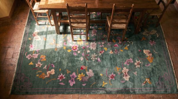 Antique green color floral room size chinese art deco wool rug 2 Antique green color floral room size chinese art deco wool rug (sku 22619) - styled overhead view