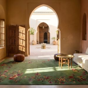 Green Color Solid Open Field Antique Floral Art Deco Chinese Room Size Wool Rug (SKU 24294) - room view