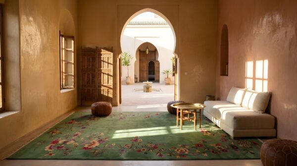 Green color solid open field antique floral art deco chinese room size wool rug (sku 24294) - room view