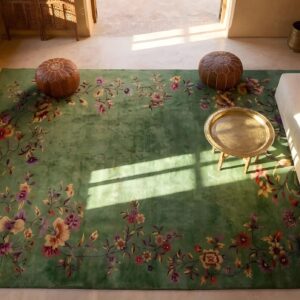 Green Color Solid Open Field Antique Floral Art Deco Chinese Room Size Wool Rug (SKU 24294) - styled overhead view