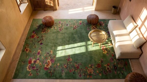 Green color solid open field antique floral art deco chinese room size wool rug (sku 24294) - styled overhead view