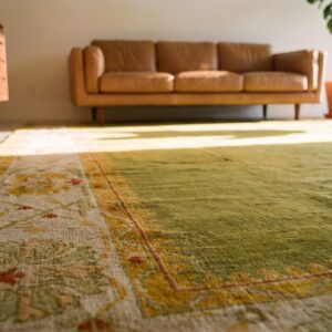 Green Color Solid Open Field Antique Room Size Turkish Oushak Rug (SKU 24801) - in-room detail