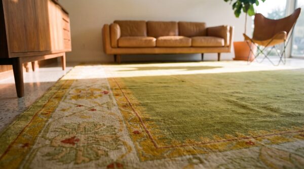 Green color solid open field antique room size turkish oushak rug 9 Green color solid open field antique room size turkish oushak rug (sku 24801) - in-room detail