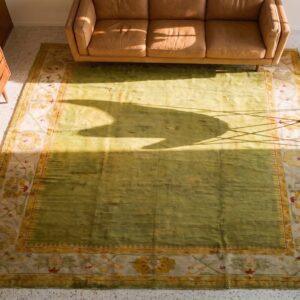 Green Color Solid Open Field Antique Room Size Turkish Oushak Rug (SKU 24801) - styled overhead view