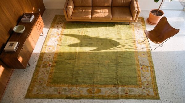 Green color solid open field antique room size turkish oushak rug 2 Green color solid open field antique room size turkish oushak rug (sku 24801) - styled overhead view