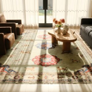 Green Fine Antique Persian Moud / Khorassan Animal Hunting Scene Room Size Rug (SKU 24920) - room view