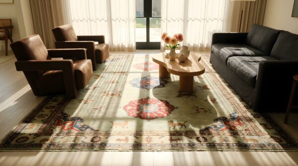 Green fine antique persian moud / khorassan animal hunting scene room size rug 10 Green fine antique persian moud / khorassan animal hunting scene room size rug (sku 24920) - room view