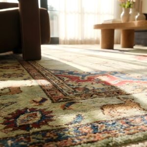 Green Fine Antique Persian Moud / Khorassan Animal Hunting Scene Room Size Rug (SKU 24920) - in-room detail