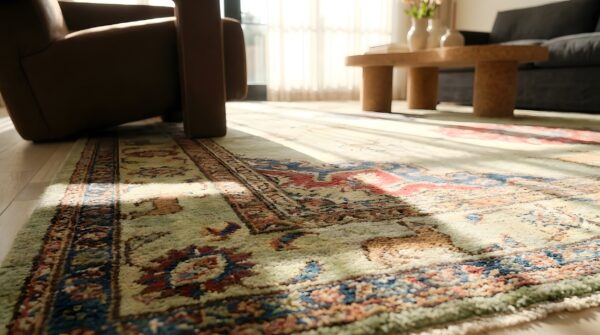 Green fine antique persian moud / khorassan animal hunting scene room size rug 11 Green fine antique persian moud / khorassan animal hunting scene room size rug (sku 24920) - in-room detail