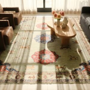 Green Fine Antique Persian Moud / Khorassan Animal Hunting Scene Room Size Rug (SKU 24920) - styled overhead view