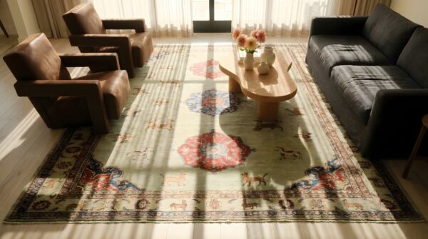 Green fine antique persian moud / khorassan animal hunting scene room size rug 2 Green fine antique persian moud / khorassan animal hunting scene room size rug (sku 24920) - styled overhead view
