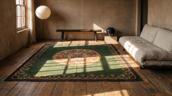 Green antique first empire floral medallion design french aubusson rug 7 Green antique first empire floral medallion design french aubusson rug (sku 22025) - room view